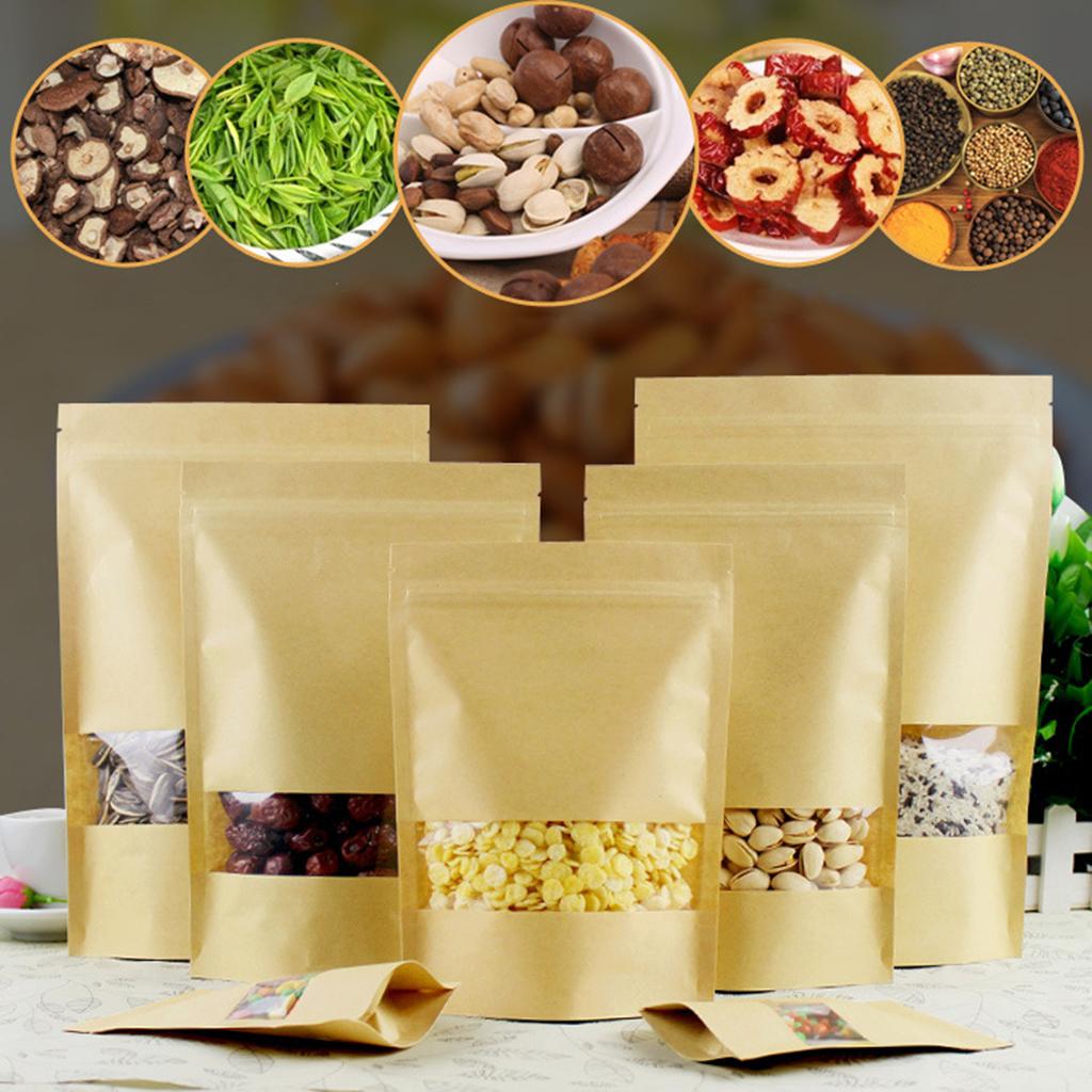 Dried Fruit - 透明な前面窓付きのクラフト紙製食品袋。繰り返し使用可能で、ドライフルーツや紅茶などのギフト用に最適な、自立式のスナック収納パウチ。