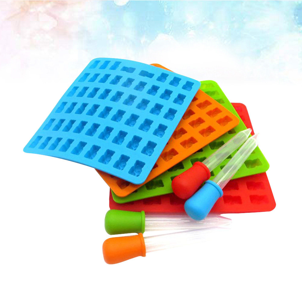 Gummy Candy - 4個入り、53個の型が入ったクマの形をしたシリコン製チョコレート型。キャンディ、ゼリー、アイスキューブを作るのに最適。焦げ付き防止加工が施されたベーキングツール。キッチン用品としても使用可能。