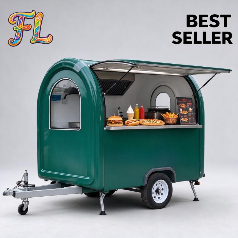 Food Snacks Catering - 丸型フードトレーラー、移動式ケータリングトレーラー、カスタムメイドの作業台、ダウンタウン広場向けの軽食販売キオスク。